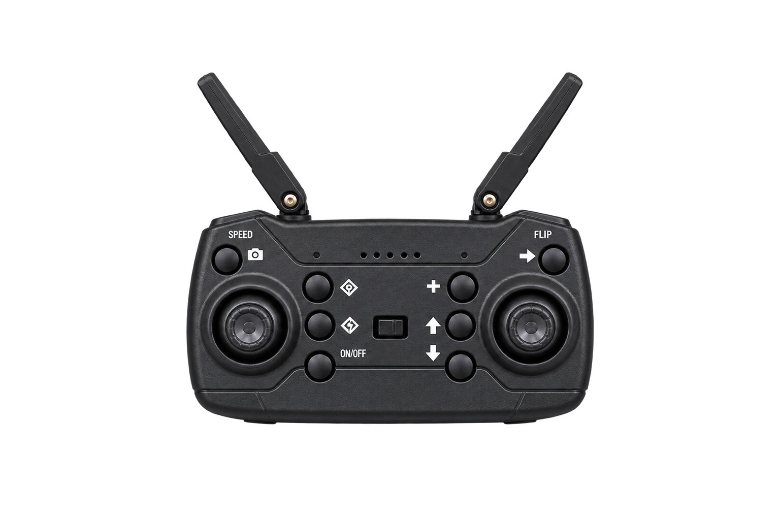 Black remote controller for RC dual camera drone with dual antennas and smartphone holder