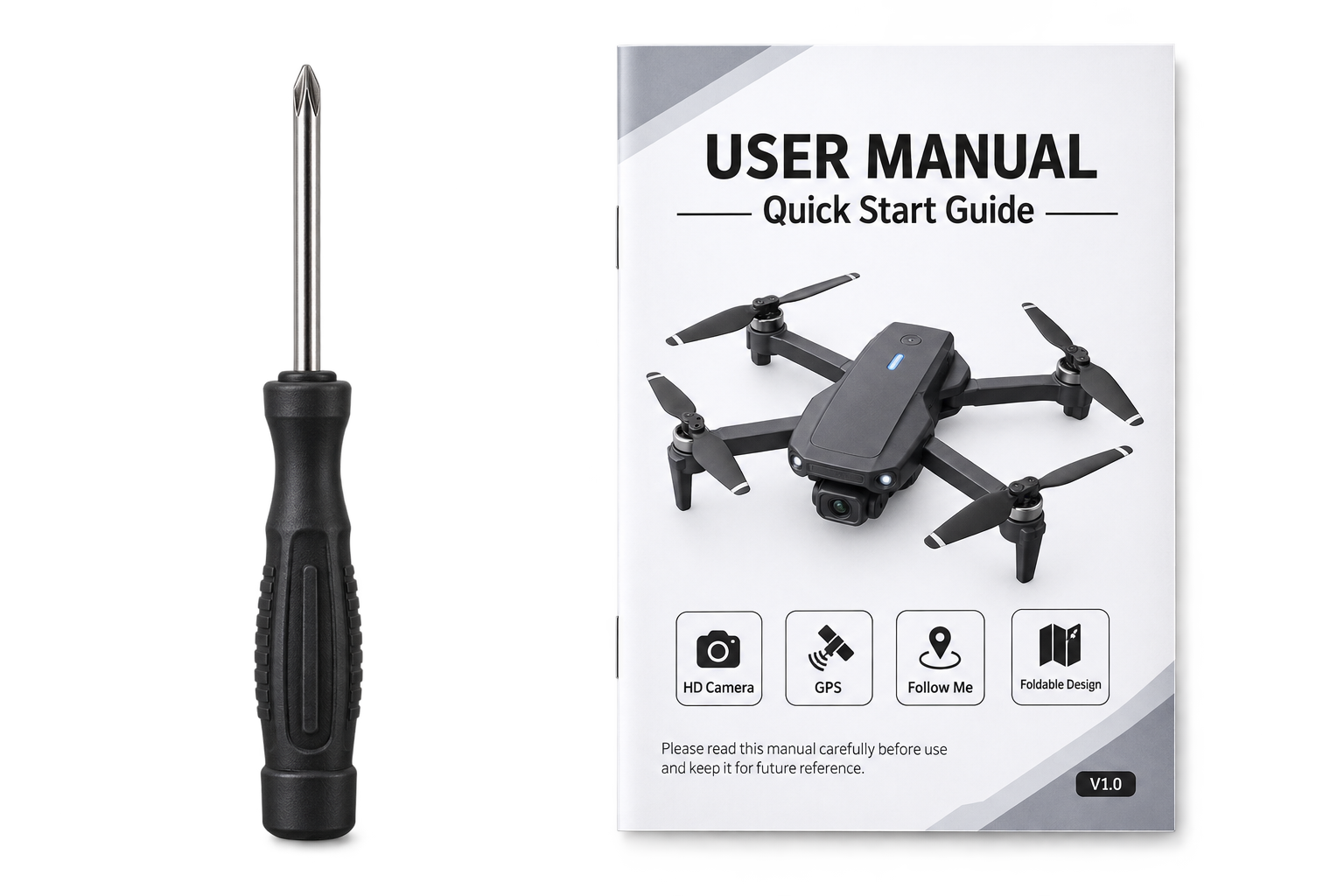 Complete RC Dual Camera Drone package including drone, remote controller, modular batteries, spare propellers, charger, and screwdriver